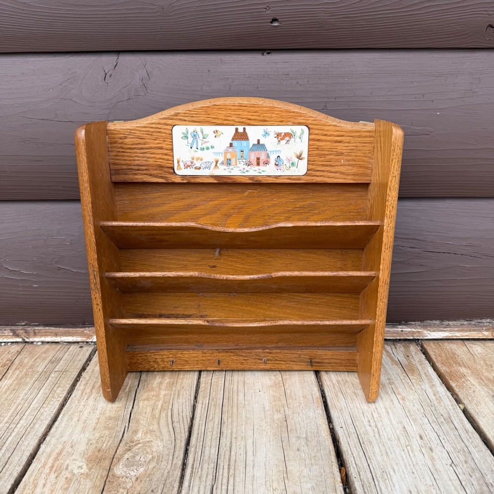 Good Wood Letter Rack Brown Vintage Folk Art Farmhouse Key Holder 3 Slot